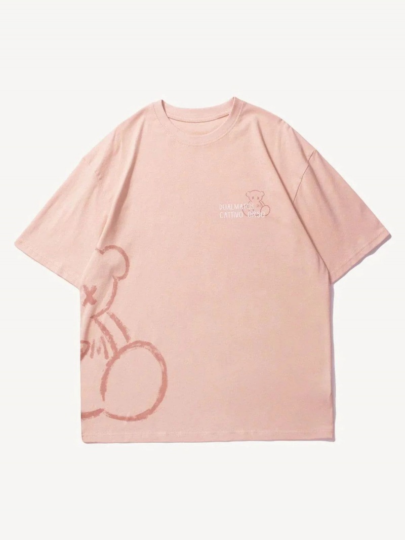 T Shirts Aelfric Eden Bear Stick Figure Print Coton Tee Rose | MPA-42516723